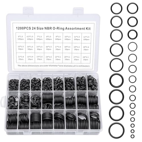 1200Pcs of 24 Varieties of O-Ring O Rings Assortment Seal Kit in Nitrile Rubber Material for Automotive,Plumbing,Solenoid Valves,Mechanical Bearings,Air & Water Fitting Seal Leak Repair - style: 24 Size/1200 Pcs