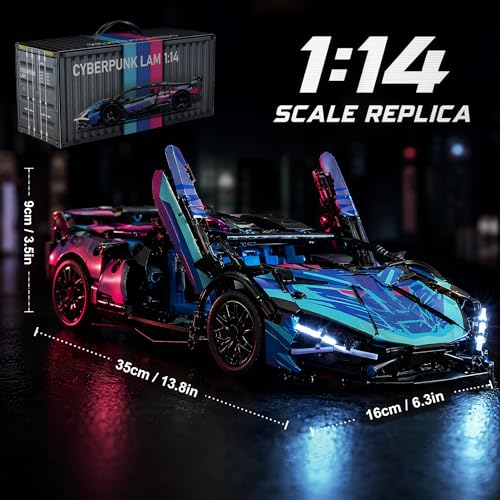 RC Car Building Kit, 1:14 App Control Car Kit with LEDs | car kit with 825 pieces, LED lights, app play, and 2.4GHz remote control; built for family building, indoor driving, display. - color: Cyberspace Blue