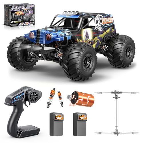 1/14 Brushless RC Cars for Adults, Max 42mph Oil Shock Absorber Electric 4WD High-Speed RC Car, Remote Control car for Adults RC Truck with Two 2S Lipo Batteries, Compatible with 3S Lipo - color: Blue