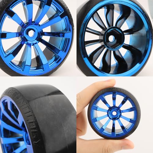 4 Pieces OD 2.45" Hard Plastic Drift RC Tire 12mm Hex On Road Touring Racing Bald Wheels Compatible with 1/10 Scale HSP Tamiya Kyosho Traxxas Sakura WLtoys RC Trucks (Blue) - color: Blue