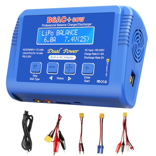 LiPo Charger 80W 6A Fast Balance Battery Chargers for RC Car Boat Drone | Smart Digital Battery Pack Charger Discharger for 1S-6S LiPo LiFe Li-ion 1-15S NiCD NiMH 2-20V PB Smart Battery Batteries