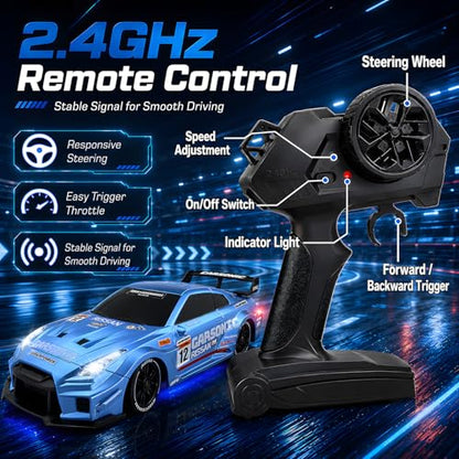 1:24 RC Drift Car for Kids,4WD 2.4GHz 28KM/H High Speed Remote Control Car, Racing Sport Toy Car with LED Lights,Drifting Tires＆Two Batteries (Blue-24G) - color: Blue-24g