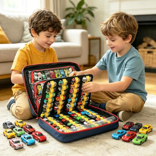 120 Toy Car Storage Case for 1:64 Die-Cast Cars (Blue) | Fits 1:64 diecast cars. Cars not included. Portable case for collectors and kids.