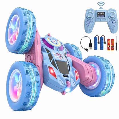 2.4GHz RC Stunt Car with LED Wheels 4WD Double Sided | Glowing LED Tires, 360° Spin & Rollover, 60 Min Total Play with 2 Batteries, USB-C Fast Charging, Gift for Holidays - color: Blue - Led Wheels