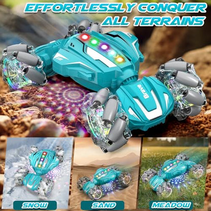 Gesture Sensing RC Stunt Car, Boys Toys Age 6-12, 4WD Hand Controlled Remote Control Car with Light & Music, 360°Rotation Christmas Birthday Gift for Boys Girls Age 6 7 8 9 10 11+(Lagon Blue) - color: Silver