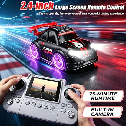 Mini RC Car with Camera, 2.4" Screen FPV Remote Control Car with 8G Card, Rechargeable 360° Drift Kids Small RC Racing Car Dual Control via Remote & App Controlled Vehicles, Follow/Escape/Demo Modes