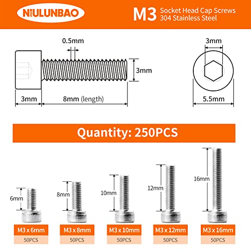 M3 x 6mm 8mm 10mm 12mm 16mm Hex Socket Head Cap Screws Bolts, 304 Stainless Steel, Metric Machine Fully Threaded, Bright Finish, Allen Hex Drive, Assortment Kit 250PCS - size: M3 x 6/8/10/12/16mm (250PCS)
