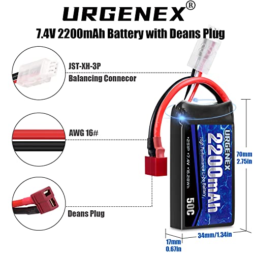 7.4V 2200mAh Lipo Battery 50C(Burst 80C) High Discharge Rate RC Batteries with Dean-Style T Plug Fit for RC Car Truggy, RC Airplane, FPV Drone, UAV Quadcopter and Helicopter