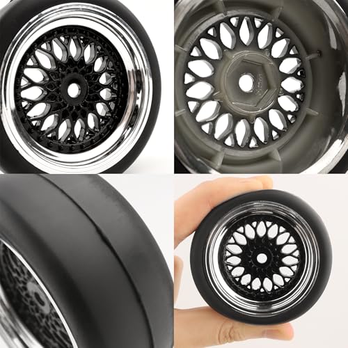4-Pack RC 1/10 Scale On Road Slick Tires OD2.55 Rubber Wheel Rims 12mm Hex Compatible with Traxxas 4 Tec 2.0 Tamiya TT01 XV01 Kyosho WR8 Sakura WLtoys HPI Touring Racing Car - color: Black