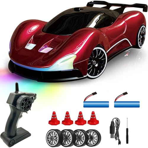 1:20 Scale Remote Control Drift Car 4WD 2.4GHz Racing Sport Toy RC Car with LED Lights, Racing and Drift Wheels (Red) - color: Red