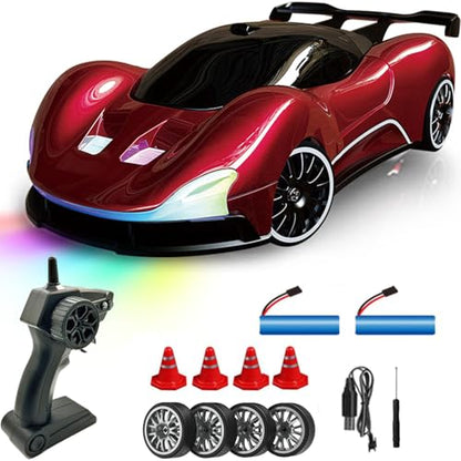 1:20 Scale Remote Control Drift Car 4WD 2.4GHz Racing Sport Toy RC Car with LED Lights, Racing and Drift Wheels (Red) - color: Red