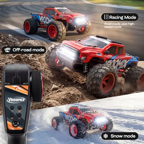 Vroomix 1:16 4WD RC Car, Red Remote Control Light Hobby Racing Monster Truck Toy Gift for Kids, 3 Driving Modes, Up to 28 Mph, 35 Mins, 110 Ft Range, Toy Truck for Boys Age 8-12 & Adults - color: Red