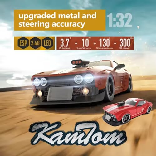 RC Drift Car 1/32 Scale High-Speed 4WD Mini Electric Remote Control Car, 30 km/h with Gyro Stabilization and LED Lights, Suitable for Adults (KM3299-Red) - color: Red