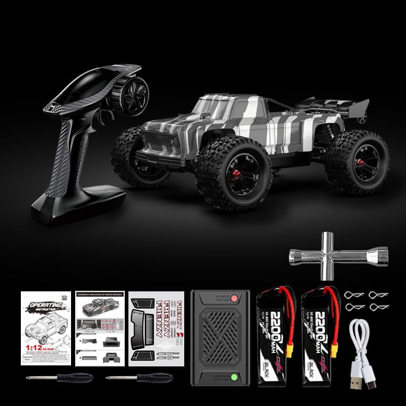 1:12 4WD RC Monster Truck Brushless Motor, 70+km/h High Speed, Double 3S Li-Po Battery with Balance Charger, Waterproof All-Terrain Hobby Grade Remote Control Car for Adults - style: Stealth Black