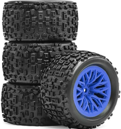 Pre-Glued 1/16 & 1/18 RC Monster Truck Tires, Soft Rubber Tire and Nylon Wheels Rims with 12mm hex Compatible with ARRMA 1/18 Granite/Typhon Grom, WLtoys A949, MJX Hyper Go H16 RC Buggy, 4PCS (Blue) - color: Blue