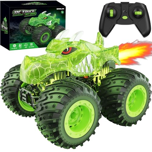 BAODLON RC Monster Trucks Toys for 3 4 5 6 7 8 Years Old Boys Kids, 2.4GHz Remote Control Monster Car, All Terrain RC Truck Off Road with Spray & Light, Rechargeable Battery, Christmas Birthday Gifts - style: Dinosaur-green