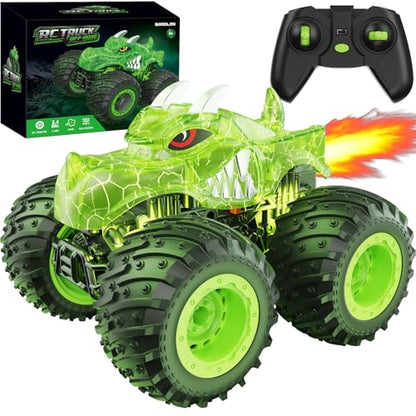 BAODLON RC Monster Trucks Toys for 3 4 5 6 7 8 Years Old Boys Kids, 2.4GHz Remote Control Monster Car, All Terrain RC Truck Off Road with Spray & Light, Rechargeable Battery, Christmas Birthday Gifts - style: Dinosaur-green