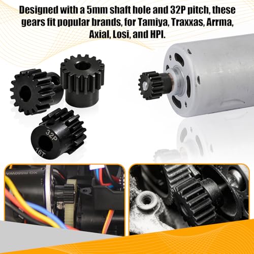 32P 16T RC Car Gear Set | 45# Steel Black Oxide | 5mm Bore +0.03mm | Precision Engineered Motor Pinion Gear Compatible with Traxxas/ARRMA/HPI/Kyosho (3-Pack with M4 Set Screws) - style: 3Pcs 16T