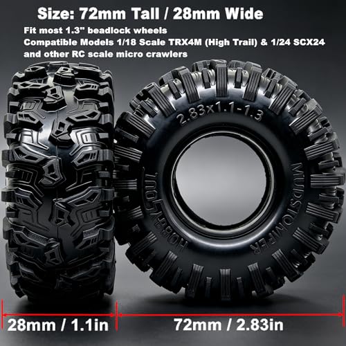 HOBBYSOUL MUDSTOMPER 72mm RC Crawler 1.3 Tires 4-Pack Fits TRX4M SCX24 | soft sticky tire for mud & rock off-road climbing,foam inserts,upgrade for 1/18 TRX4M High Trail & 1/24 micro crawlers