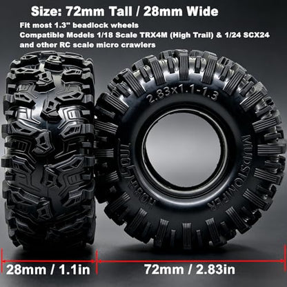 HOBBYSOUL MUDSTOMPER 72mm RC Crawler 1.3 Tires 4-Pack Fits TRX4M SCX24 | soft sticky tire for mud & rock off-road climbing,foam inserts,upgrade for 1/18 TRX4M High Trail & 1/24 micro crawlers