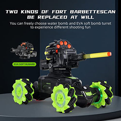Rc Car Shoot SoftBullet,Fits for Nerf, Remote Control Hand Gesture Stunt Drift Truck, 360°Rotating Battle Tanks with Soft Bullets Water Bomb, Spray, Music, Led, Toy Gifts（Green） - color: Green