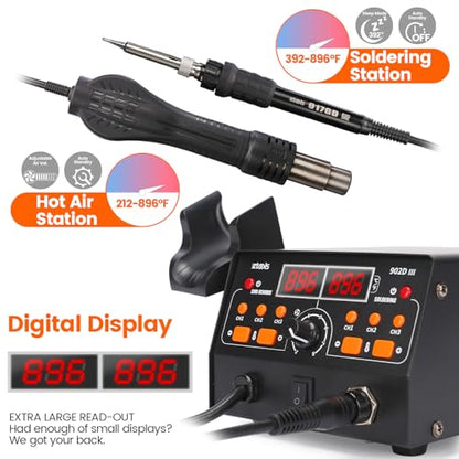 902D III Hot Air Soldering Station 2-IN-1 Kit with 3 Preset Channels, Small Silicone Work Mat, 4 Soldering Tips, 2 Lead-free Solder, Solder Sucker, ESD-Safe Tweezers