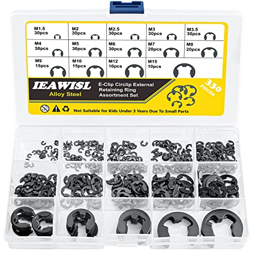 330 PCS External Retaining Rings, 14 Sizes E-Clip for Machines | Alloy steel, M1.5/2/2.5/3/3.5/4/5/6/7/8/9/10/12/15mm, Corrosion resistant, For axles, bearings, shaft, Reinforced labeled box - color: Black, size: 330 pcs