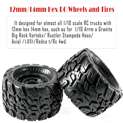 RC Truck Tires Wheel 12mm/14mm Hex for 1/10 Big Rock Granite Vortek/Stampede Rustler Hoss/Axia1/L0s1/Redca t/Rc 4wd,4-Pack RC Wheels Tires,Black - color: Black for 1/10 Arrma