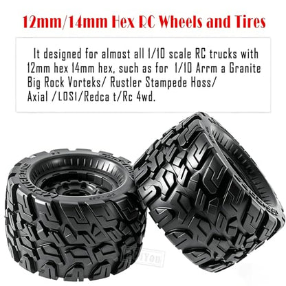 RC Truck Tires Wheel 12mm/14mm Hex for 1/10 Big Rock Granite Vortek/Stampede Rustler Hoss/Axia1/L0s1/Redca t/Rc 4wd,4-Pack RC Wheels Tires,Black - color: Black for 1/10 Arrma