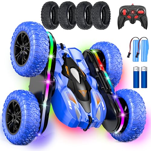 Wedopro RC Car for Boy Ages 6-12: 2 Batteries 360° Stunt Rotating 4WD Remote Control Toy with Headlights, Indoor Outdoor Birthday Gifts for Kids 6 7 8 9 10 11 12, Blue
