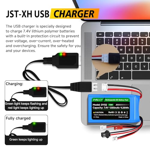 2 Pack 7.4V 2S Lipo SCX24 Battery 35C(Brust 70C) 1200mAh Batteries with PH2.0 JST SM2.0 MX2.0 Plug Connector Fit for Axial SCX24 Most 1/10, 1/16, 1/18, 1/24 Scale RC Crawler RC Car, Truck, Boat, Drone