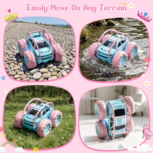 MaxTronic Amphibious Remote Control Car,Rechargeable RC Cars Toy 360° Flips Rotation Stunt Crawler 15KM/H 4WD All Terrain Outdoor Indoor Toy for Kids Boys Girls 3-12 - color: Light Pink