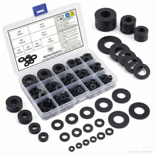 880 Pcs Nylon Flat Washer Assortment Kit | Black Insulating Spacers & Seals for Plumbing, Electrical & Machinery (M2 to M12), Organized in Storage Box