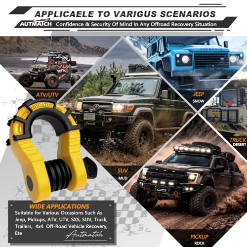AUTMATCH D Ring Shackles 3/4" Mega Shackle (2 Pack) 68,000Ibs Break Strength - Heavy Duty Clevis Shackles with 7/8" Screw Pin and Isolator Washer for Tow Strap Winch Off Road Vehicle Recovery, Yellow - color: Yellow & Black