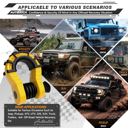 AUTMATCH D Ring Shackles 3/4" Mega Shackle (2 Pack) 68,000Ibs Break Strength - Heavy Duty Clevis Shackles with 7/8" Screw Pin and Isolator Washer for Tow Strap Winch Off Road Vehicle Recovery, Yellow - color: Yellow & Black