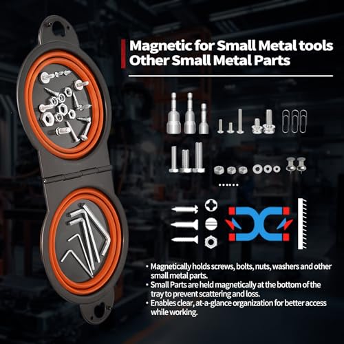 Collapsible Magnetic Parts Tray Set, Foldable Magnetic Trays, Integrated 5.1" Round Dual Silicone Bowls, Multi-Use Nuts And Bolts Organizer, Bonus Hanging Hook for On-the-Go Carry(Orange)