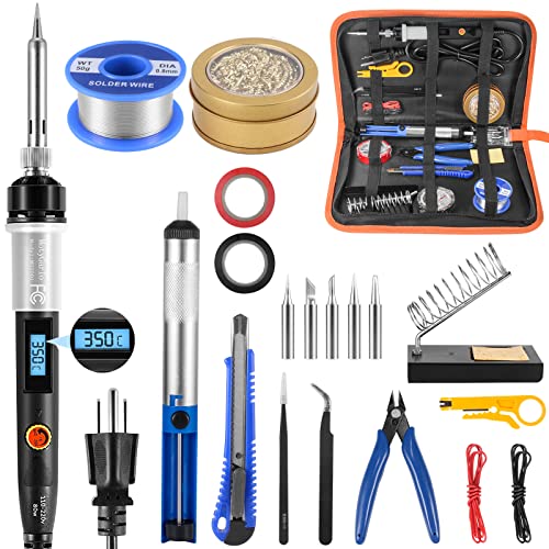Soldering Iron Kit, 80W LCD Digital Soldering Gun with Adjustable Temperature Controlled, ON-Off Switch, 5pcs Soldering Tips, Solder Wire Tube, Desoldering Pump, 14pcs Welding Tool