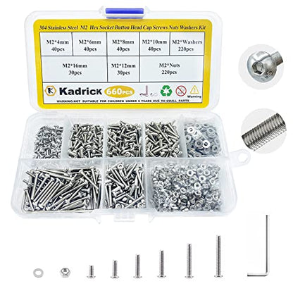 Kadrick 304 Stainless Steel Screws,660 Pcs M2 Screw Assortment,Button Head Socket Cap Screws Kit,M2x4mm,6mm,8mm,10mm,12mm,16mm Metric Bolts Nuts Washers Kit with 1 Hex Allen Wrench | 304 Stainless Steel,M2 Screws Nuts Washers Kit with 1 Hex Allen Wrench -