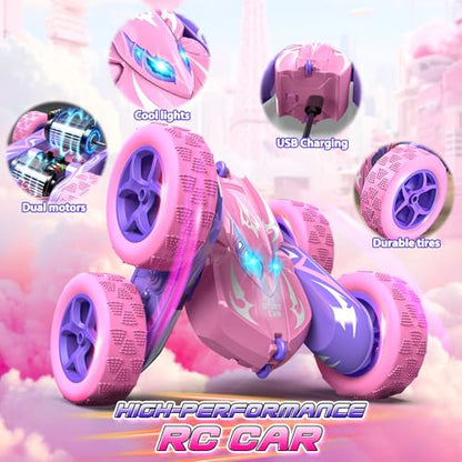 Excitobo Remote Control Car,RC Cars for 4 5 6 7 8 9 10 11 12 Year Old Girl Double Sided 360°Flip 4WD Rechargeable Drift RC Race Car Girls Toys Birthday Gifts Easter Basket Stuffers for Kids Age 4-12 - color: Pink