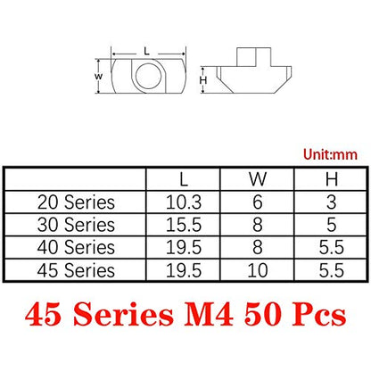 50pcs 4545 Series M4 Thread T Nuts Hammer Head Fastener Nut Sliding T-Nut,Nickel Plated Carbon Steel Nut for 45 Series Aluminum Extrusion Profile T Slot 10mm (4545 Series M4) - size: 4545 Series M4