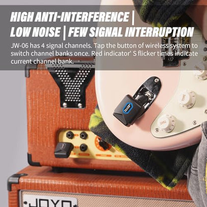 JOYO 5.8GHz Wireless Guitar System Transmitter and Receiver with Charging Case, 18H Battery life, 48kHz/24Bit, Low Latency, 4 Channels, Plug & Play for Electric Guitar & Bass (JW-06) - style: 5.8Ghz with Charging