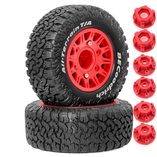 1/10 1/8 RC Short Course Truck Tires OD 113mm and Wheels 12mm 14mm 17mm Hex for 1:8 1:10 Scale Off Road Truck Car Traxxas Slash 2WD 4×4 Axial Losi Redcat Rc4wd Arrma Senton 4PCS (Red) - color: Red