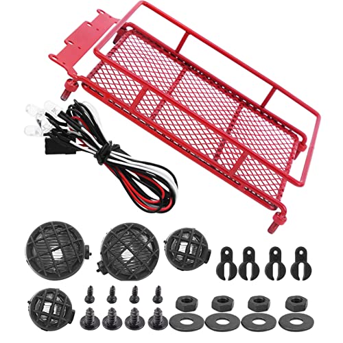 Metal Roof Rack, Durable Metal Construction with Bright LED Light RC Crawler Accessories for Off-Road Adventures Simulation Luggage Carrier for RC Enthusiasts and Hobbyists - color: Red