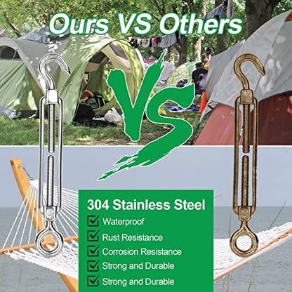 10Pack M6 Turnbuckle Hook and Eye, Stainless Steel Cables Wire Turnbuckles, Heavy Duty Turnbuckle for Wire Rope Tension, Cable Railing Hardware Kit for Sun Shade Sail, Tent Installation