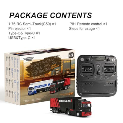 FLYCOLOR Turbo Racing 1:76 C50 RTR Tractor Remote Control Truck Four-Wheel Drive Simulated Headlights 10CH Minicar Model(Black-Red) - color: Black-truck