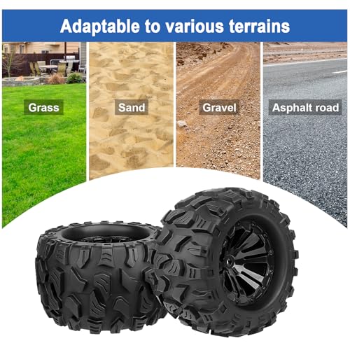 2.8“ PreGlued RC Truck Wheels and Tires 12mm Hex w/Foam Inserts for Traxxas Rustler Stampede 4X4 VXL Hoss 4x4 Blackout XTE Pro 1/10 Scale RC Monster Truck Tyres Set (4-Pack)