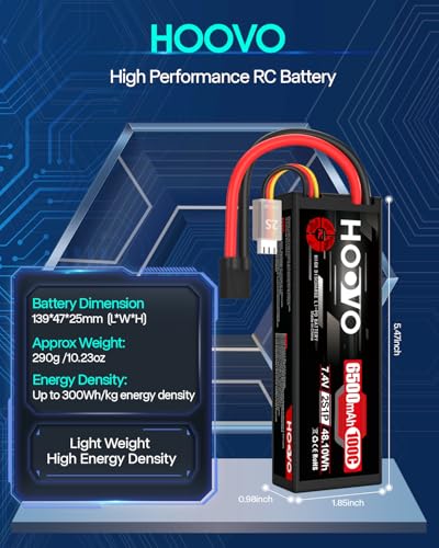 HOOVO 2S Lipo Battery 7.4V 6500mAh 100C RC Battery Pack TR Plug 2Packs | Hardcase battery with TR to EC5 Connector,for RC Car Truck Buggy Vehicles Crawler Helicopter Boat
