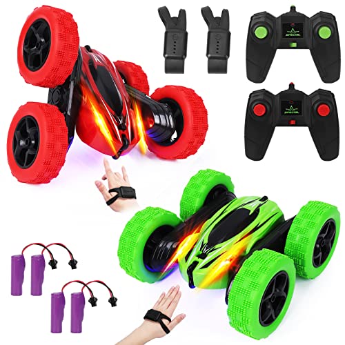 2PACK RC Stunt Car Watch Gesture Sensor Car 4WD Double Sided 360 Degree Rotating Tumbling Rechargeable Car High Speed 2.4GHZ Off Road Hobby RC Toy Cars for Xmas Birthday Gift Adults,Kids (Green/Red)…