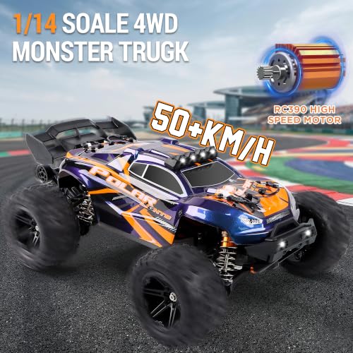 1/14 Fast RC Cars for Adults，4x4 Offroad Waterproof Monster Truck 40+ mph | V3 Electric Powered High Speed Remote Control Drift Buggy Car, All Terrain Truggy with 2S Battery for Snow Sand - color: Blue Orange