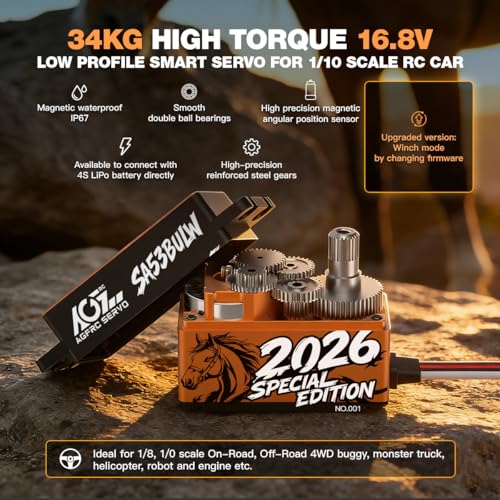 AGFRC 34KG 16.8V Waterproof Low-Profile RC Servo (A53BULW 2026) | 0.073Sec, 4S Direct Power, Brushless, Programmable, Fits 1/10 & 1/8 RC Cars/Trucks, 2026 Special Edition